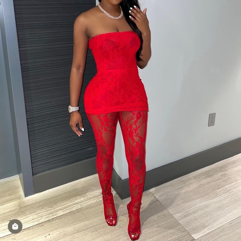 Red lace dress and leggings set